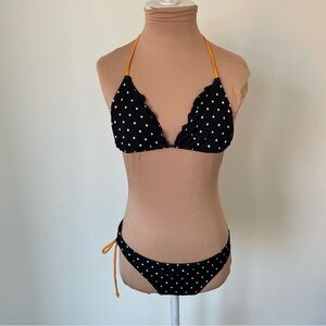 H&M Black White Polka Dot Orange Tie Straps Halter Two Piece Bikini EUC Size 10